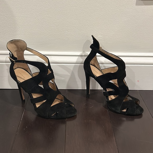 Zara Suede Black Open Toe Heels Size 7 - Picture 4 of 8
